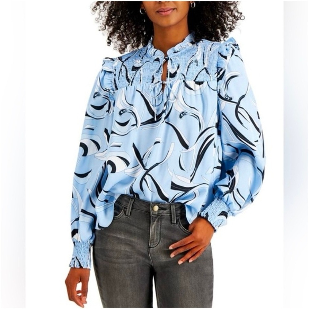 INC International Concepts Blue Abstract Smocked Ruffle Lace Up Blouse Large